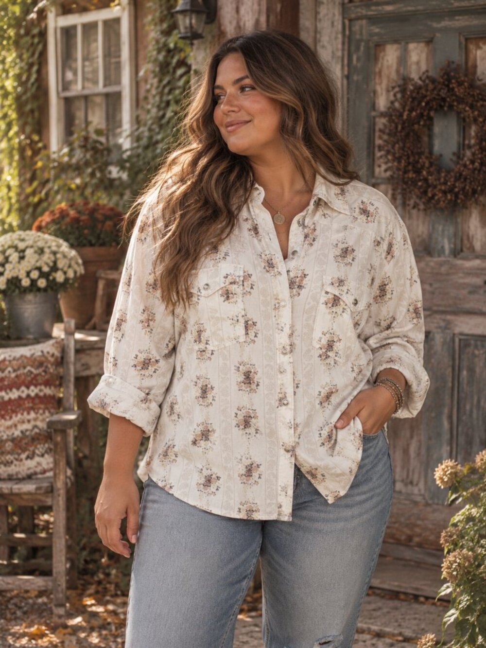 Natural Reflections Cotton Corduroy Floral Button Down Shirt